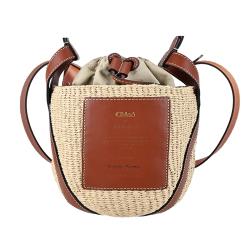 Chloe Woody 經典LOGO皮革草編束口水桶包(棕褐色)