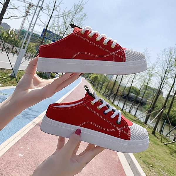 半拖無後跟 新款帆布鞋女夏季韓版學生平底百搭包頭港風無后跟懶人半拖鞋 曼慕衣櫃