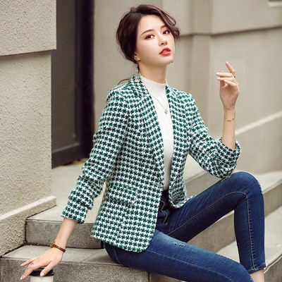 外套 職業網紅春秋M-3XL中大尺碼小香風千鳥格西裝上衣女韓版時尚修身顯瘦女士短外套3F062B.9575愛尚依人