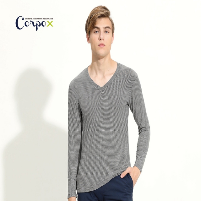 【Corpo X】男款V領+5°C發熱衣-米黑條紋