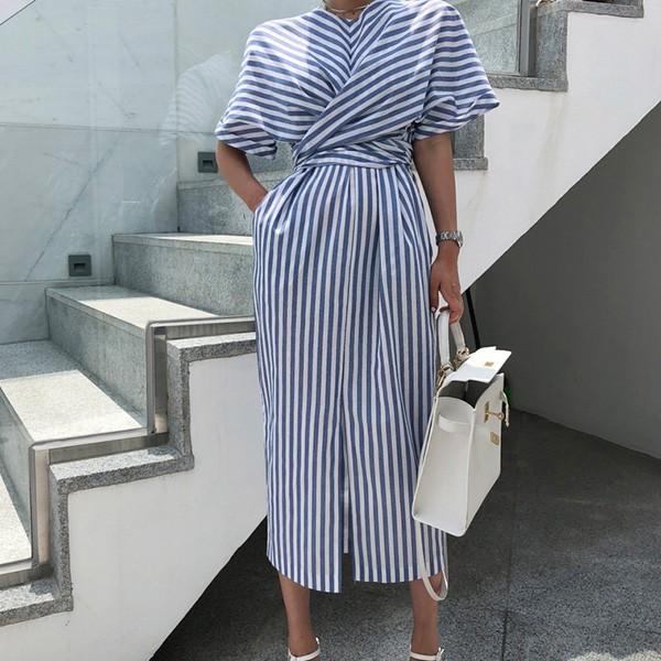 NXS 正韓 條紋 交叉 束腰 洋裝 短袖 連身裙 長洋裝 襯衫 開衩 顯瘦 韓國 上班族