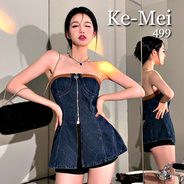 克妹Ke-Mei【ZT75618】Wow摩登注目愛心釦拉鍊辣妹牛仔平口小洋裝
