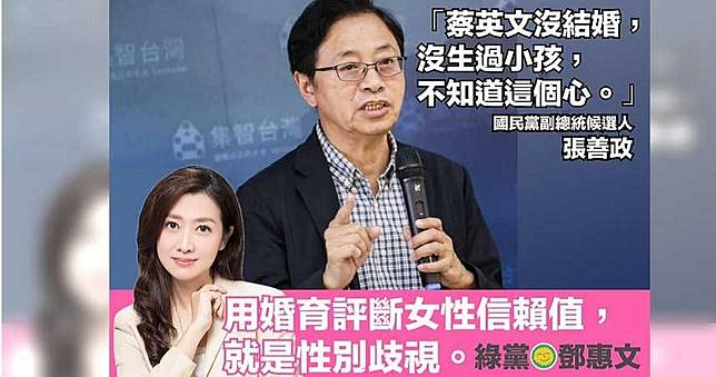 酸小英「沒生過小孩」被美女名醫砲轟　張善政：我收回發言