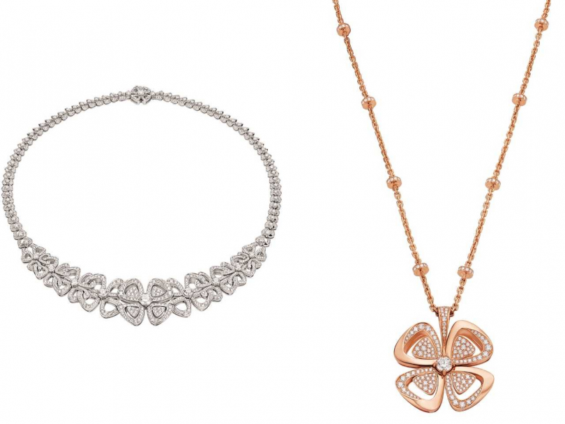 （左）BVLGARI「Fiorever系列」頂級鑽石項鍊╱3,010,000元；（右）玫瑰金鑽石長鍊╱1,584,000元（圖片提供╱BVLGARI）