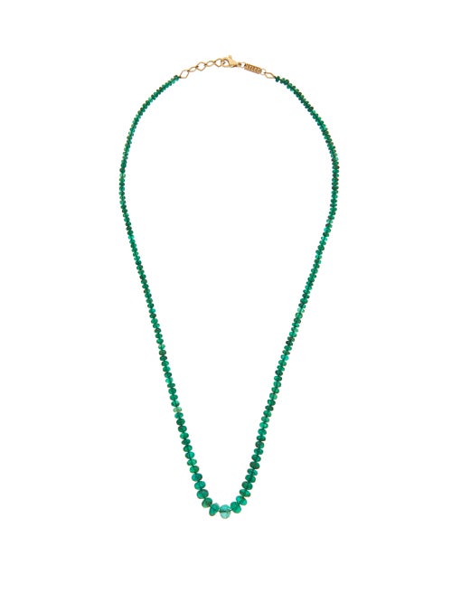 Azlee - Azlee's 18kt gold necklace is thread with 63ct green emerald cabochons for a timeless sense 