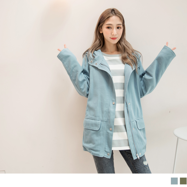 高含棉內條紋風衣連帽外套