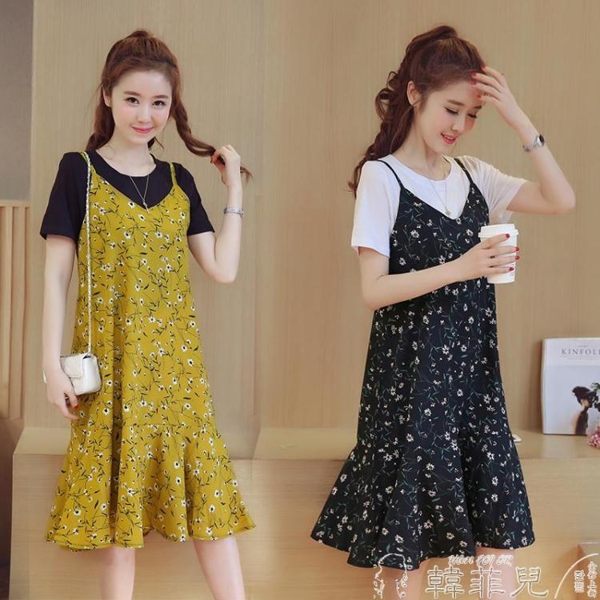 孕婦裝 孕婦夏裝連衣裙新款夏天裙子中長款吊帶裙上衣時尚套裝兩件套 韓菲兒
