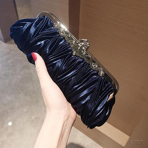 皺褶絲綢晚宴包手拿包名媛宴會包旗袍禮服包包新娘手包女