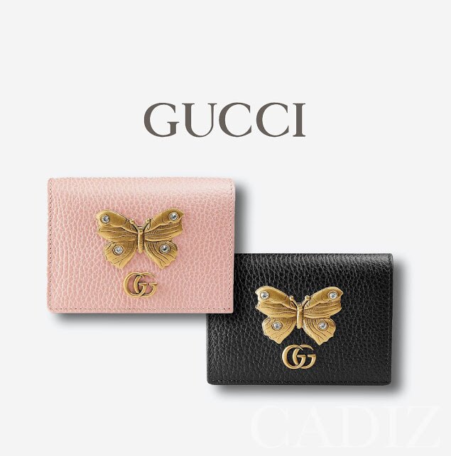 預購 義大利正品 GUCCI Leather card case with butterfly黑粉紅色皮革蝴蝶短夾499361