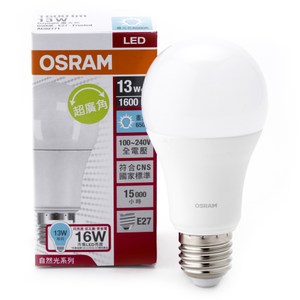 德國品牌 OSRAM 歐司朗 所推出的LED超廣角球泡型燈泡 發光效率 123 lm/W 色溫 6500K 演色性 Ra80 100~240V全電壓使用 節能省電，高發光效率 採E27燈座，泛用性高 