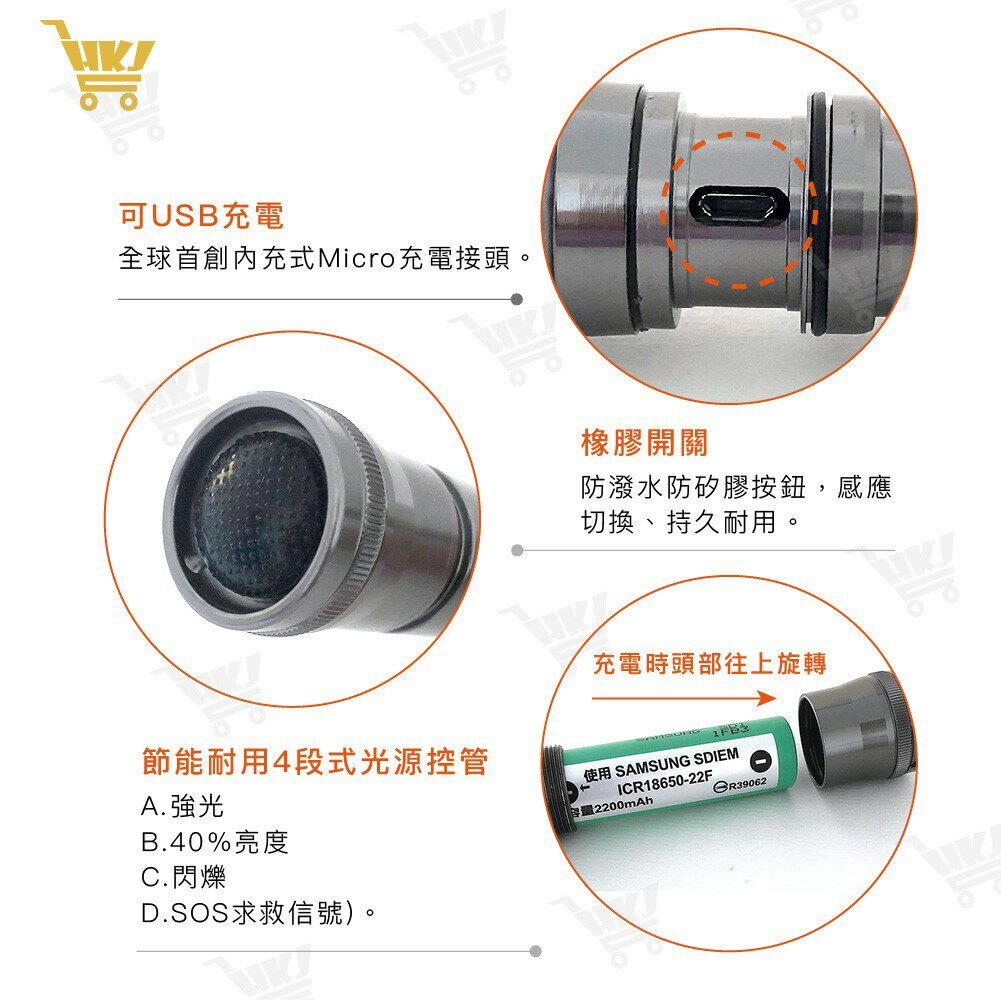 好康加 54W智慧型U2 LED充電手電筒 4段光源控管 可USB充電 美國CREEU2燈泡 光之源 CY-LR1532
