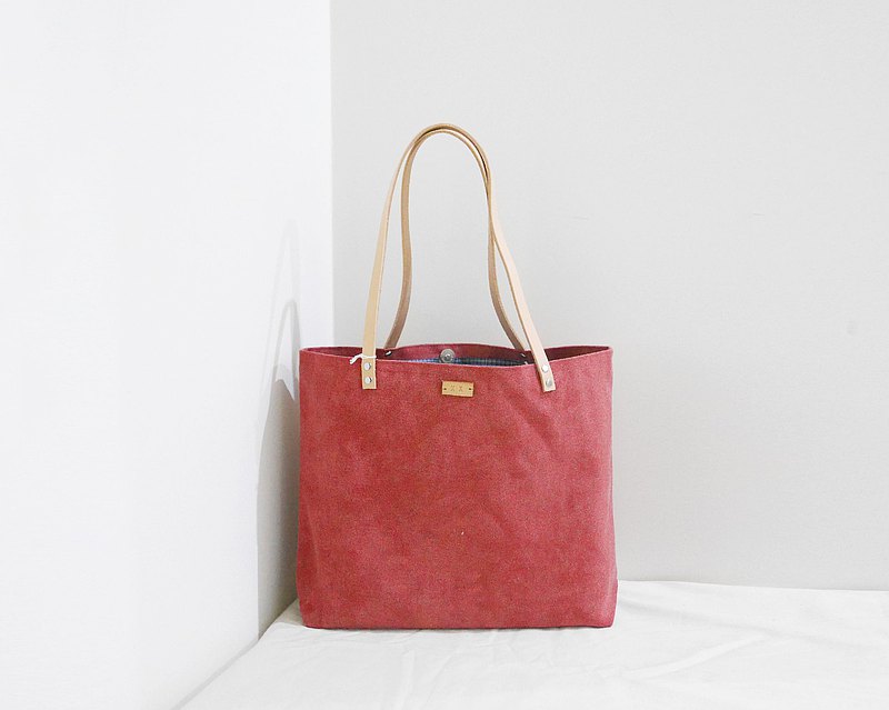 和風帆布極簡托特手提包 帆布包 側背包－皮革中包#76珊瑚紅