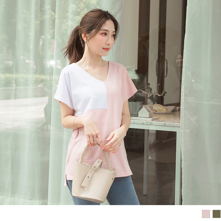 台灣製造．配色拼接V領寬鬆短袖上衣/T恤