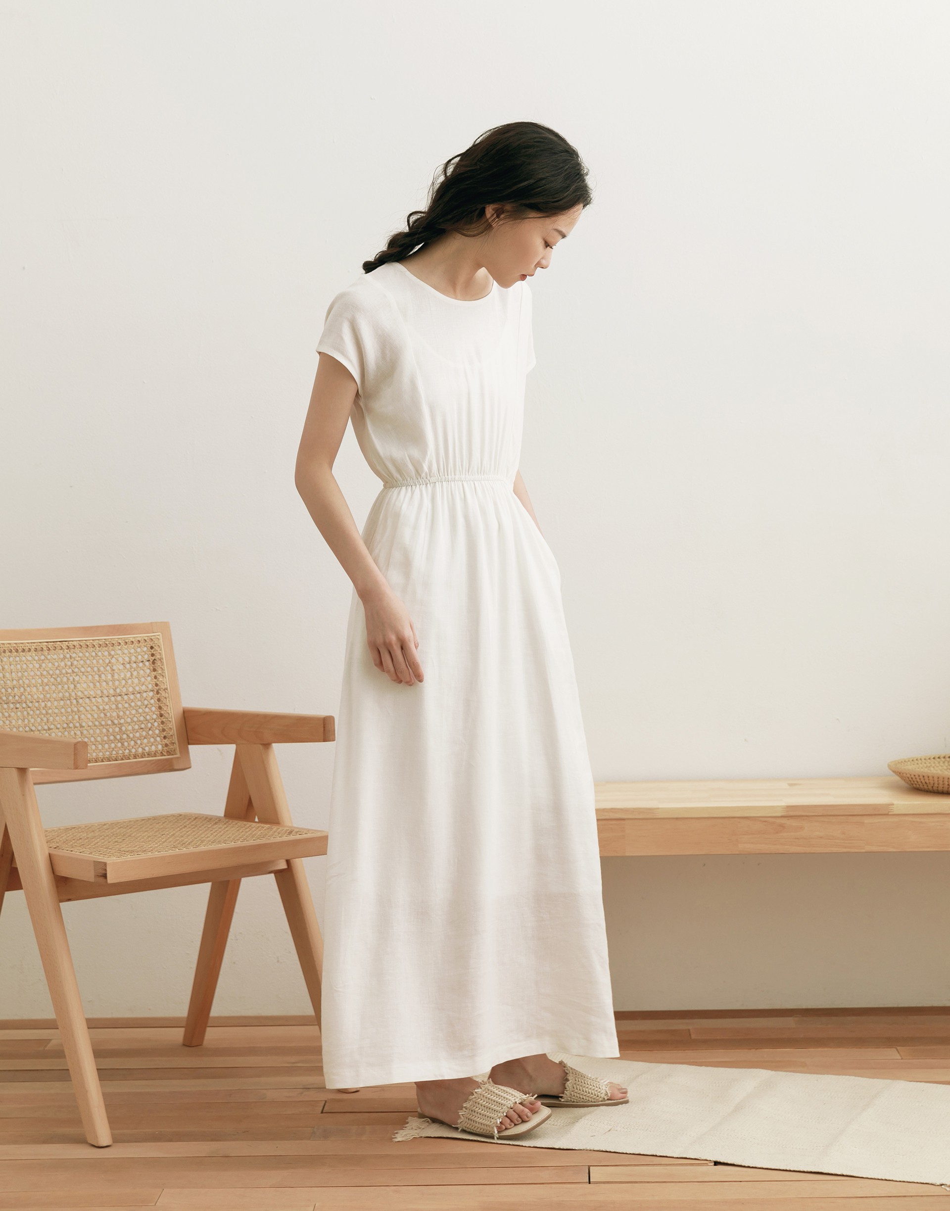 清新棉麻感車線蓋袖洋裝-女-Genquo