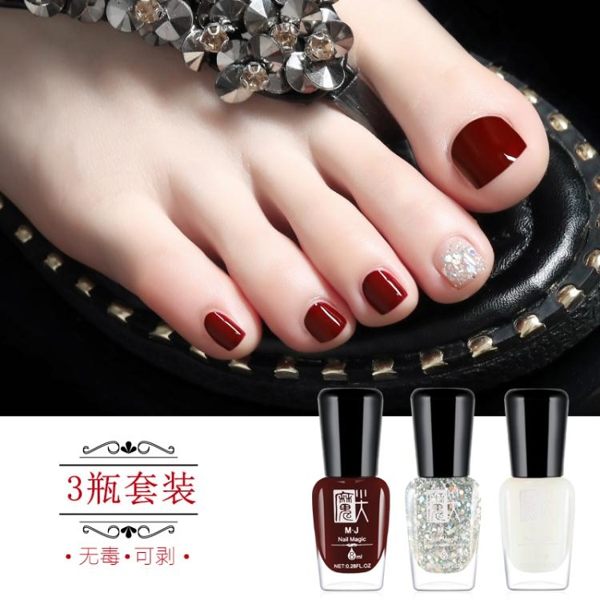 魔尖腳趾指甲油套裝可剝撕拉無毒持久不掉色夏天免烤酒紅色車厘子 極有家