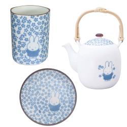 日本製造金正陶器和小紋美濃燒日式茶具3入組21216X米菲兔Miffy(含茶壺/茶杯子/盤子各1;瓷製)日本原裝進口