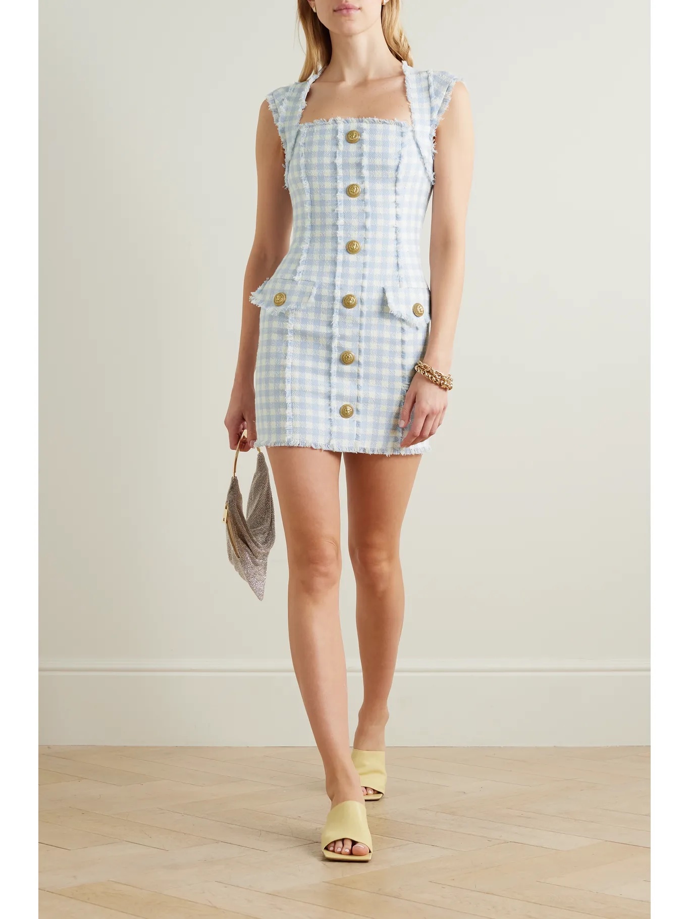 BALMAIN Frayed gingham cotton-blend tweed mini dress