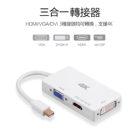 輸出支援:電視/投影機/顯示器 等 支援 Mini DP 轉換成 HDMI / DVI / VGA (注意: 無法三種規格同時輸出，只能擇一使用 ) 隨插即用，免驅動程式