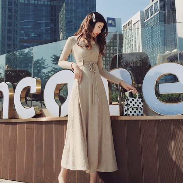 VK精品服飾 韓系復氣質抽繩高腰V領優雅長版長袖洋裝