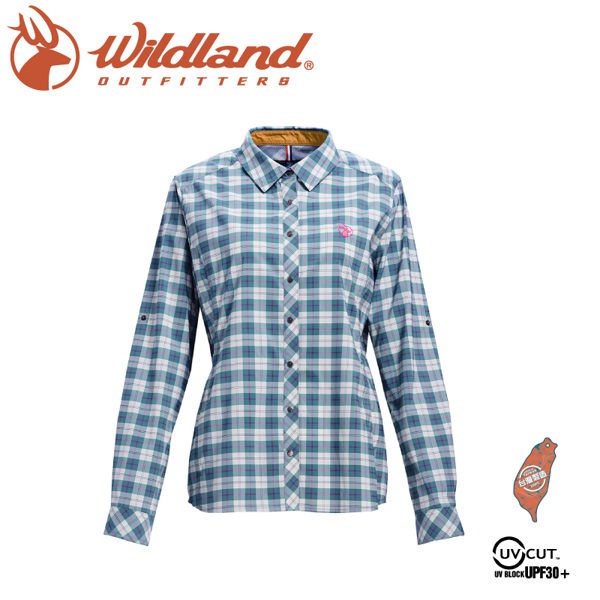[現貨] Wildland 荒野 女 彈性抗UV格子長袖襯衫《湖水藍》/0A71203/登山休閒服/快乾機能衣
