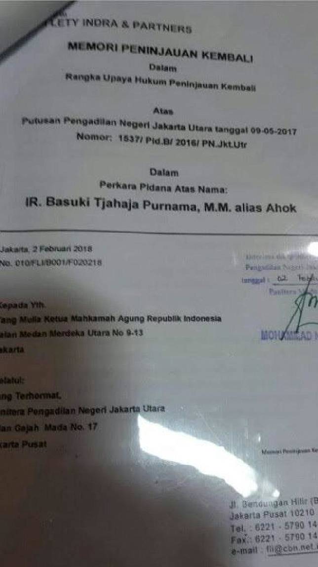 Beredar salinan berkas yang diduga memori peninjauan kembali (PK) kasus pidana penodaan agama atas nama Basuki Tjahaja Purnama alias Ahok kepada Mahkamah Agung RI. Dalam berkas yang diserahkan melalui PN Jakarta Utara pada 2 Februari 2018, itu tercantum nama Law Firm Fifi Lety Indra & Partners.  