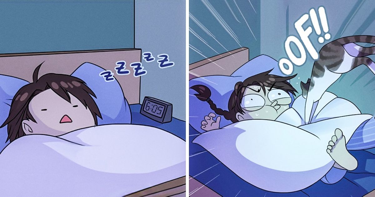 貓奴們必懂！20張與貓生活日常漫畫：半夜不睡覺，早上吃罐罐！