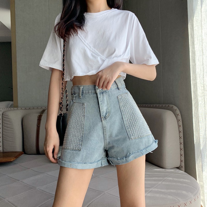 短褲 牛仔短褲 休閒短褲 高腰牛仔褲 捲邊牛仔褲 熱褲 韓版氣質牛仔短褲女高腰闊腿夏季新款小心機口袋卷邊A字熱褲