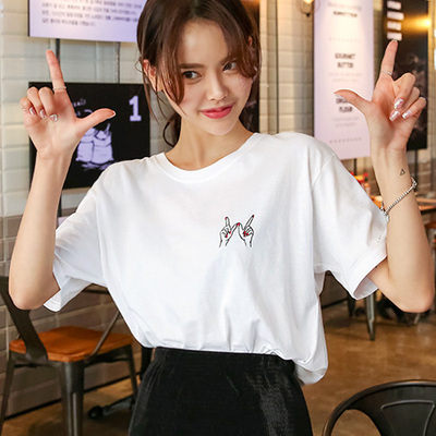 【GZ72】素T 韓國個性手勢刺繡圓領短袖上衣 百搭短袖T恤