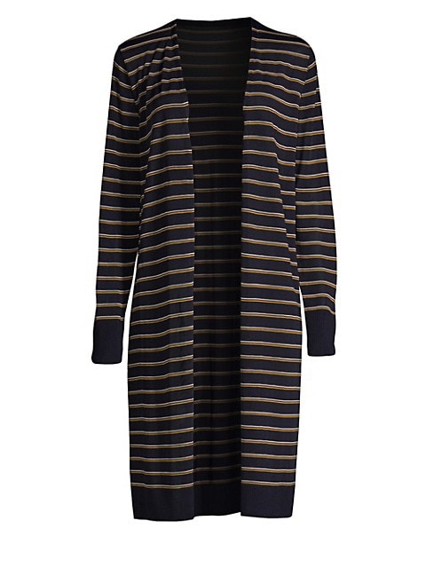 Long open front cardigan in bold striped print; Collarless; Long sleeves; Open front; About 40