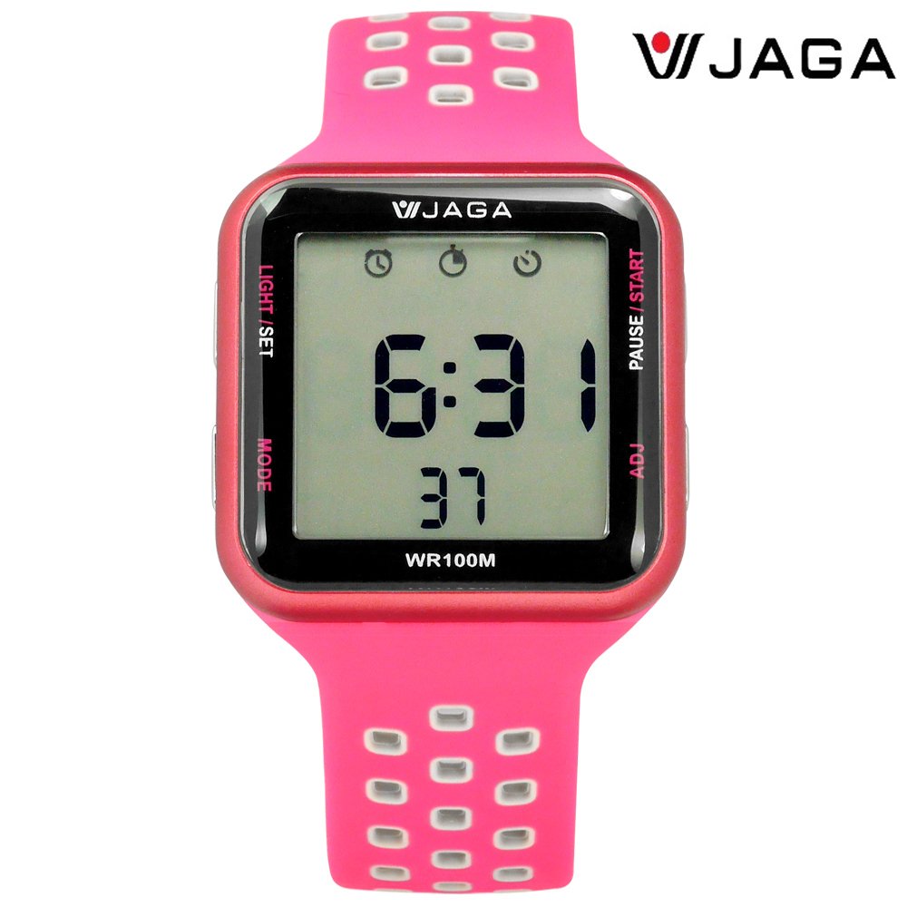 JAGA 捷卡 / M1179C-GC / 方型電子 計時碼錶 鬧鈴 防水100米 透氣運動 矽膠手錶 桃紅色 38mm