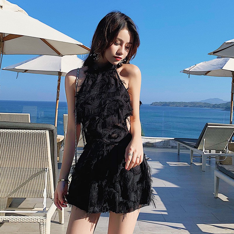 [現貨] 新款超仙少女溫泉衣泳衣 新款純色流蘇掛脖綁帶露背遮肚顯瘦連體式裙裝 氣質淑女泳衣裙裝