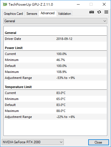 該張顯示卡的功耗調整範圍從 -53％～+9％，溫度限制則為 -22％～+6％，最大值是 88℃
