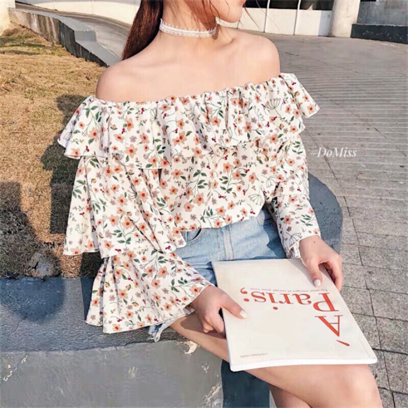 DoMiss(預購)早春甜美碎花-雪紡一字領 雪紡上衣 露肩 露肩上衣 一字領 碎花 雪紡