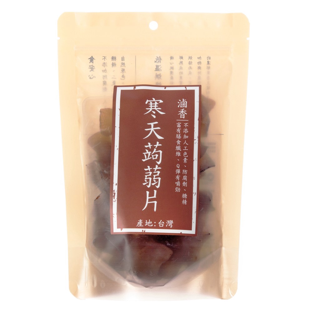 【商品特色】休閒食品，受人喜愛低溫烘培，無添加人工色素、防腐劑及糖精富有膳食纖維，Q彈有嚼勁帶給您口感新享受台灣生產製造，品質保證，食用安心==================寒天蒟蒻片 滷香 175