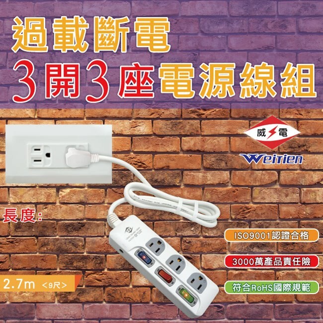 過載自動斷電 阻燃防火pc料 90度平貼插頭 雙層被覆電源線 商品規格 額定容量125vac 15a max 1,650w 使用電壓ac 110v 60hz 線材規格vctfk 2.0mx2c 尺寸長