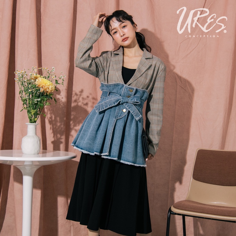 URES 設計款假兩件綁帶牛仔腰封拼接格紋西裝外套【881124191】