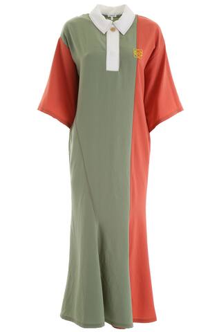 Loewe fluid cady dress with color block panels. It features three-quarter sleeves, contrast collar a