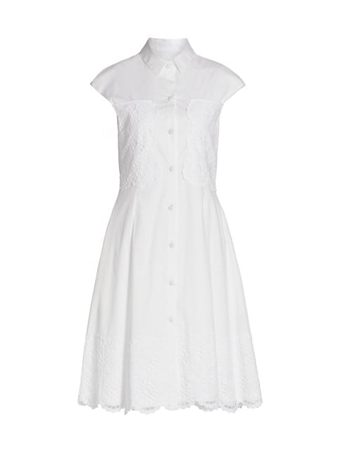 This stretch-cotton poplin shirtdress is adorned with floral eyelet embroidery at the bodice and hem