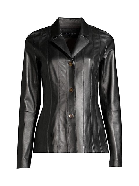 Sleek leather jacket with vertical stitching detail on a classic single-breasted silhouette.; Notch 