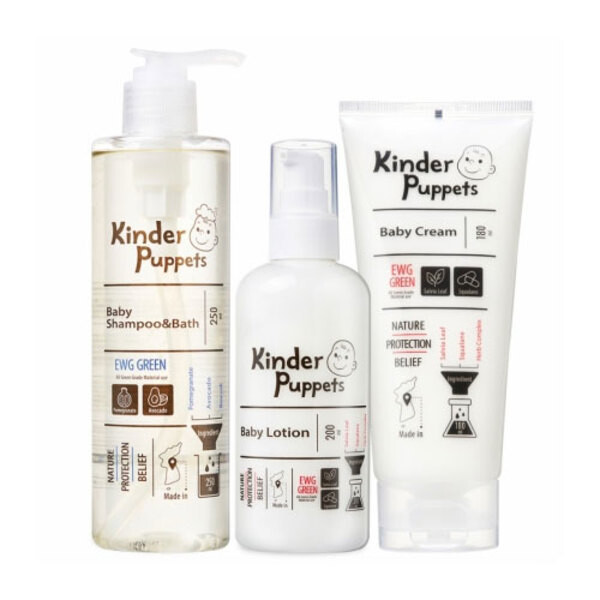 品牌：Kinder Puppets 產品：守護寶貝-高保濕組合 產地：韓國 容量：洗髮沐浴二合一凝露250ml×1 + 嬰兒潤膚乳液200ml×1 + 嬰兒乳霜180ml×1 【注意事項】 1.傷口部