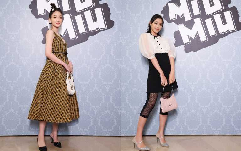 林：Miu Miu 格紋洋裝／110,000元、Coffer Re-Edition 手提肩背包／53,000元、水晶綴飾高跟鞋／36,500元；游：Miu Miu 燈籠袖拼色洋裝／83,000元、水晶綴飾亮片高跟鞋／31,500元、Matelassé 水晶鏈帶肩背包／40,500元（圖／品牌提供） 