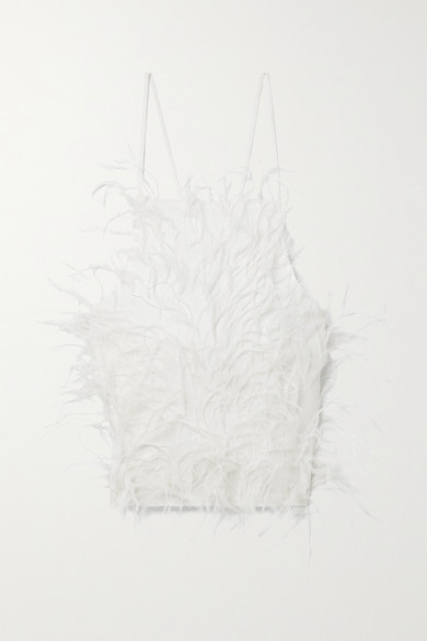 白色绉纱和羽毛 - 背面系带 - 100% 粘胶纤维；边饰材质：100% 鸵鸟毛 - 干洗 - 品牌特定颜色：Dove - Cult Gaia 这款 