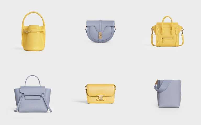BIG BAG BUCKET檸檬黃柔軟小牛皮袖珍型提包／56,000元、BESACE 16北極藍緞面小牛皮肩背包／75,000元、LUGGAGE檸檬黃小牛皮肩背提包／81,000元、BELT北極藍粒紋小牛皮肩背提包／69,000元、TRIOMPHE 檸檬黃色光滑小牛皮肩背包／105,000元、SANGLE BUCKET北極藍柔軟小牛皮肩背包／61,000元（圖／品牌提供）