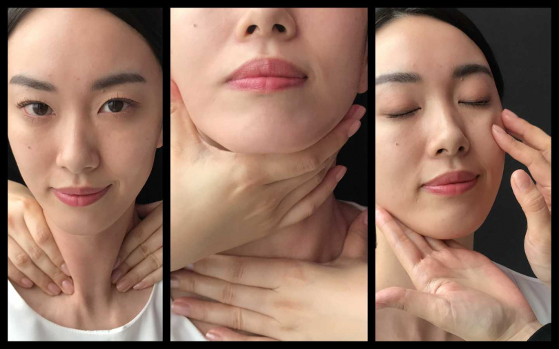 按摩方式：從頸部開始按摩，下巴處往上到額頭用小圈小圈按摩，確認肌膚注入微營養素，在顴骨處深壓3秒鐘再放開，加強循環。頸部以餬口處由上往下按摩。（圖片／黃筱婷拍攝）