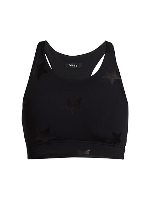 Highneck sports bra with medium support boasts a star foil print.; Scoopneck; Sleeveless; Pullover s