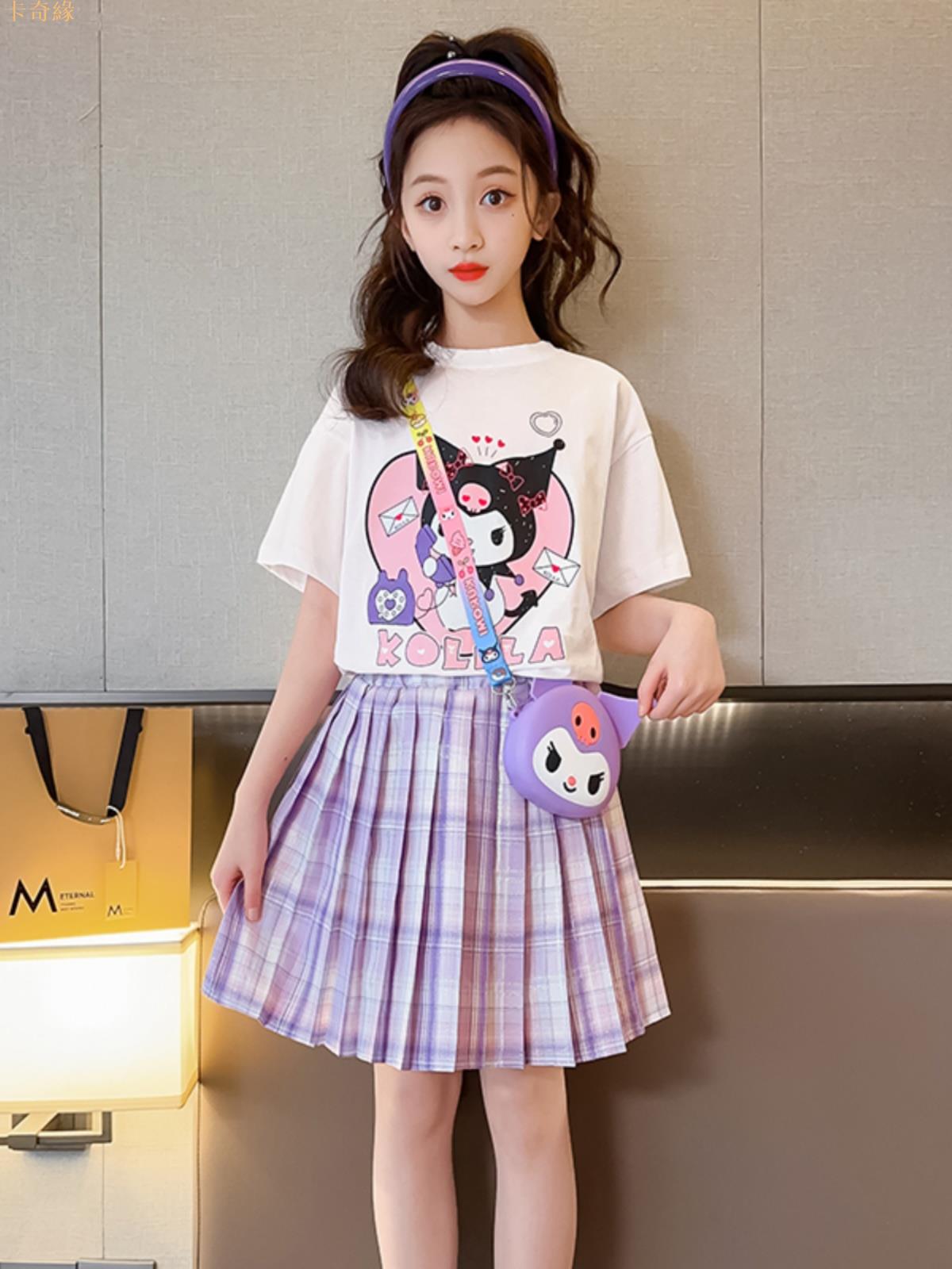 庫洛米連衣裙女童夏裝2023新款洋氣兒童短袖衣服女大童jk套裝裙子