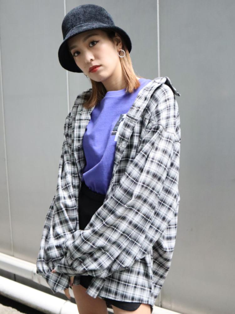 落肩格紋澎袖襯衫