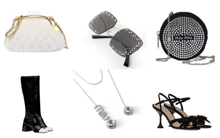 Miu Miu Montone Miu Belle 迷你手提肩背包／41,000元、Scenique 太陽眼鏡／15,500元、水晶綴飾圓形肩背包／19,000元、漆皮長靴／39,500元、水晶項鍊／13,500元、蝴蝶結露趾高跟鞋／30,500元 （圖／品牌提供）