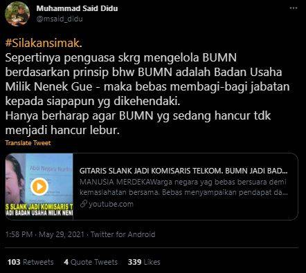 Tanggapi Soal Abdee Slank Said Didu Bumn Jadi Badan Usaha Milik Tim Sukses Suara Com Line Today