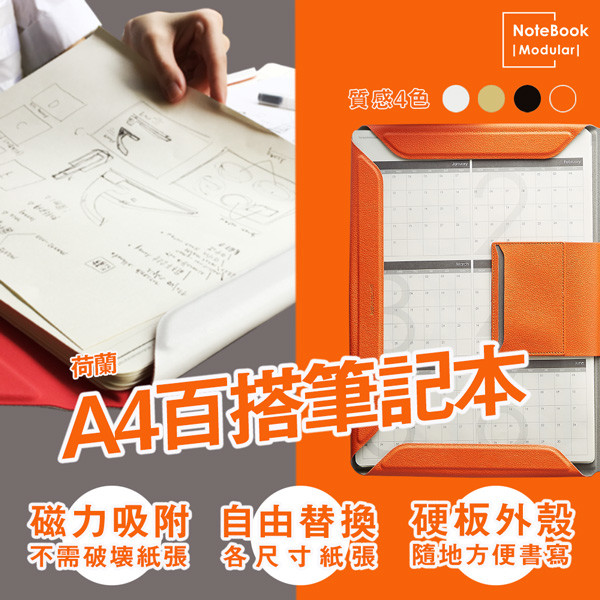 商品特色 1.強力磁鐵緊扣筆記/設計手稿不散落 2.質感內襯撰寫舒適並且保護資料/手稿 3.不用裝訂筆記和設計手稿可自由替換 4.全球通用一本輕鬆搞定各種規格紙張 5.替換方便可同時放入高達100張筆